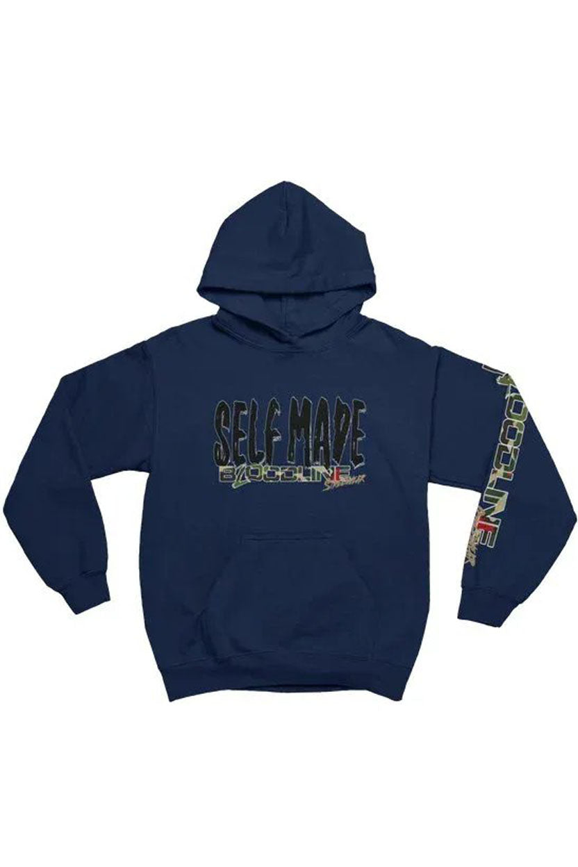 Navy blue hoodie with 'Self Made' text and colorful graphics on sleeve against a white background